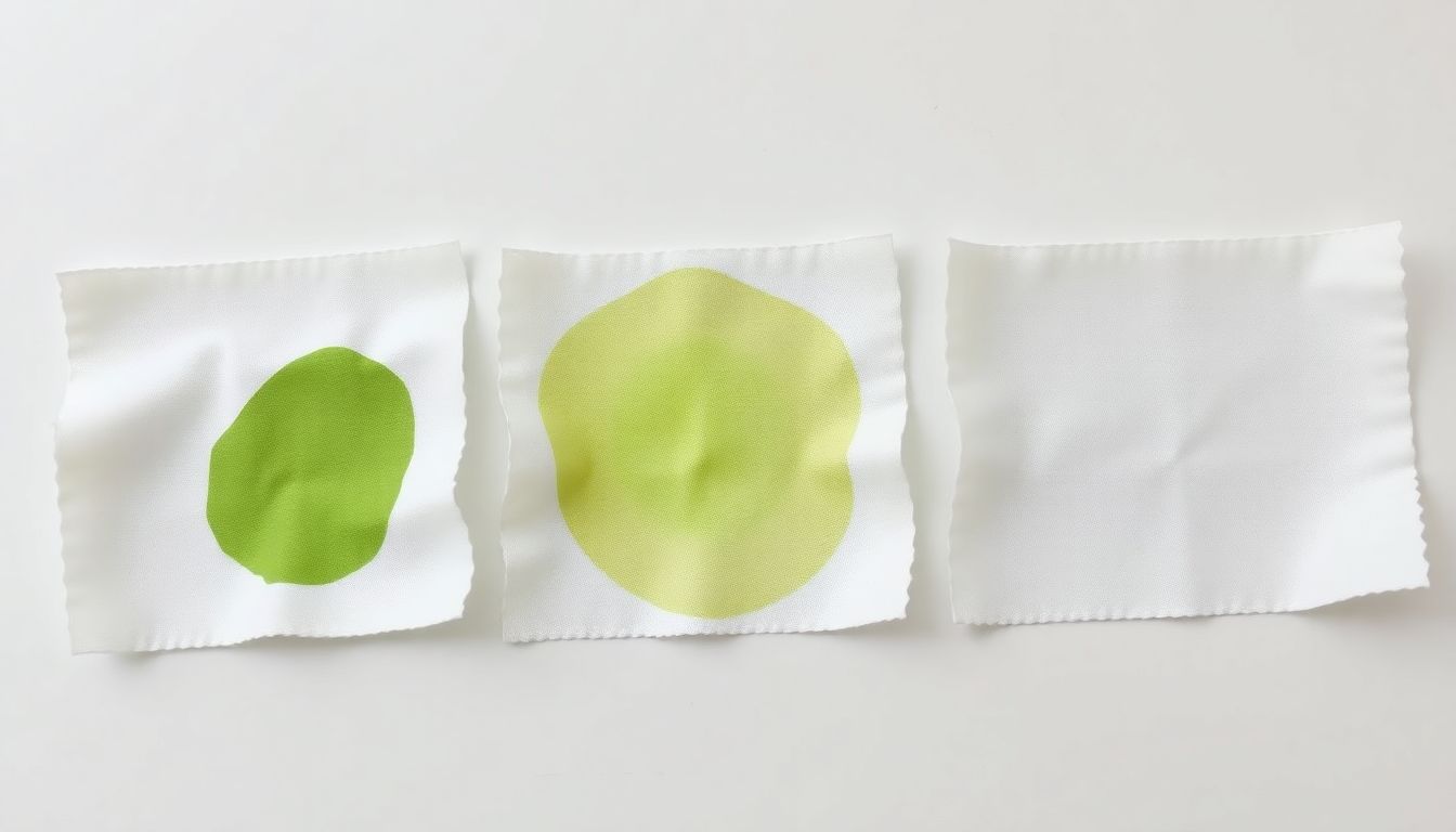 Diagram showing three grass stain components (chlorophyll, protein, tannin) and the treatment for each