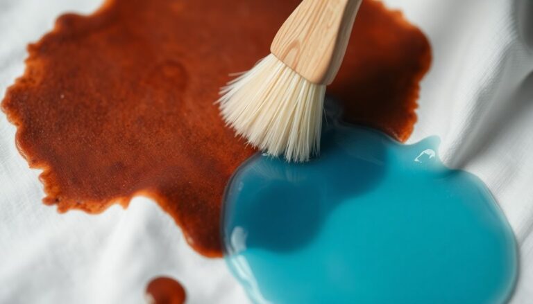 Grease stain on cotton shirt being treated with dish soap and soft brush showing surfactant cleaning method