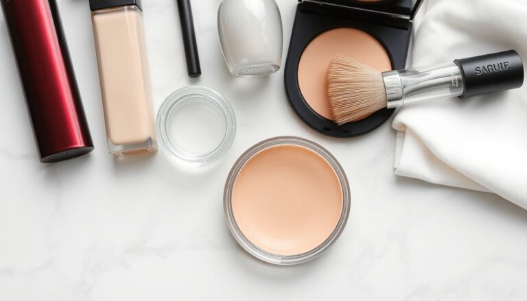 Makeup stain types and treatment supplies: foundation, lipstick, mascara, and blush with dish soap and rubbing alcohol