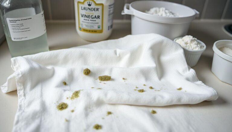 Mold spots on white fabric alongside white vinegar and OxiClean showing mold removal treatment supplies