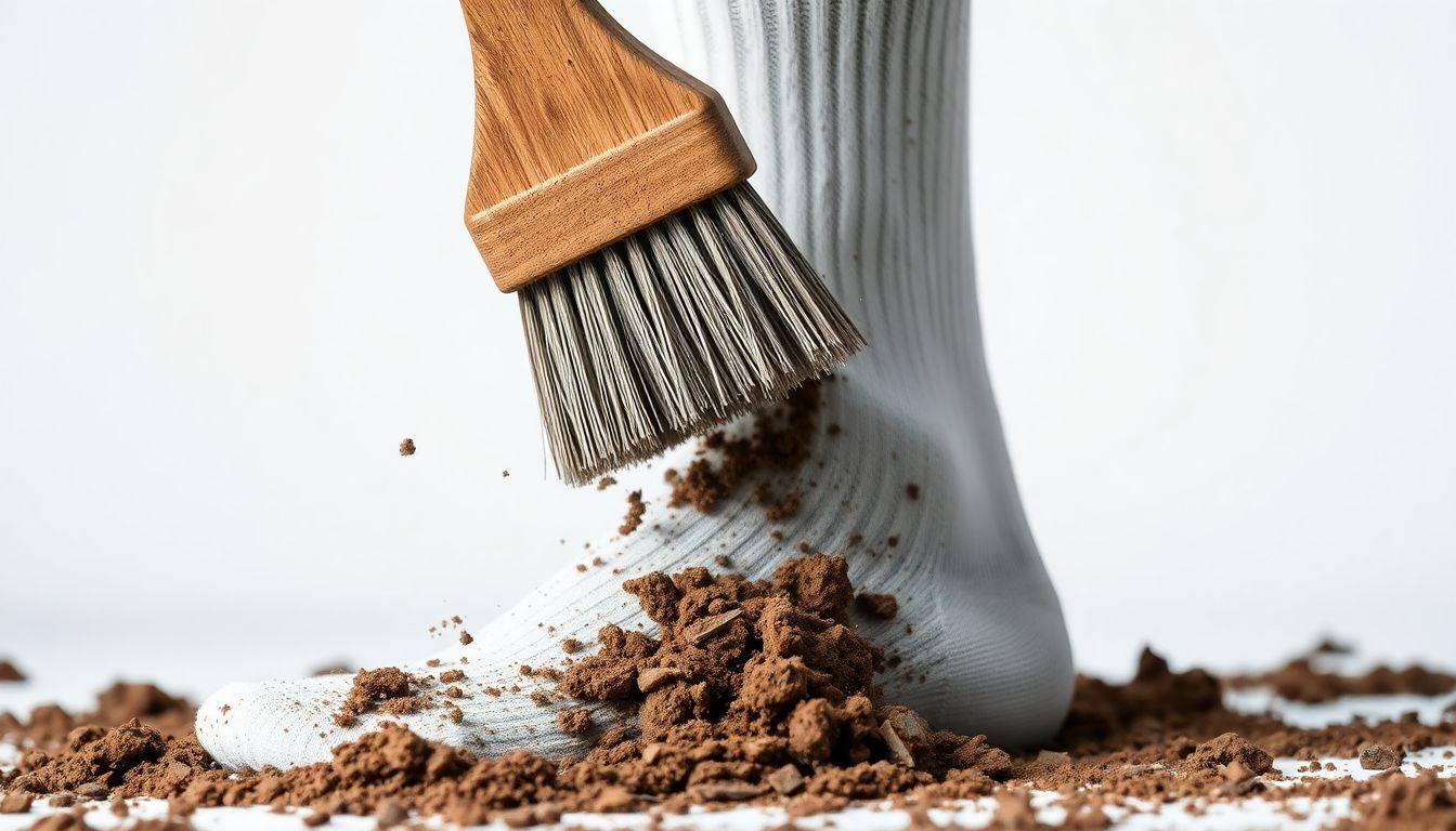 Dried mud being brushed off white sports socks with stiff brush showing correct dry treatment method