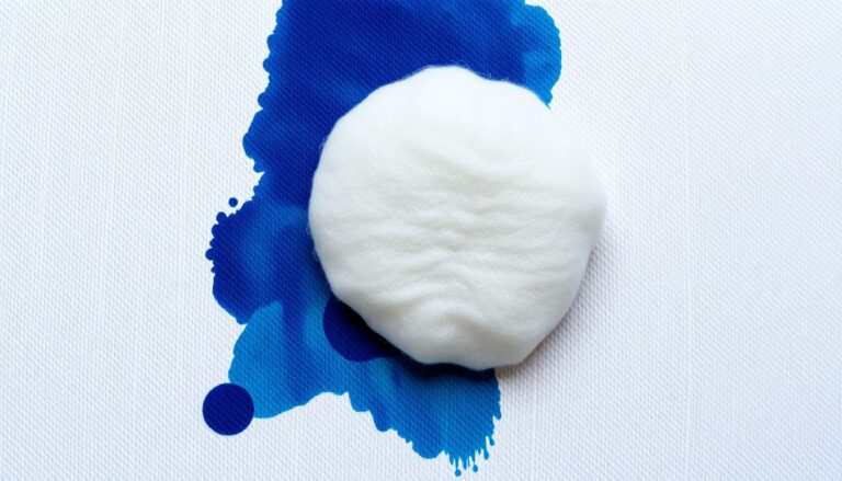 Ballpoint pen ink stain on white shirt being treated with rubbing alcohol on cotton ball