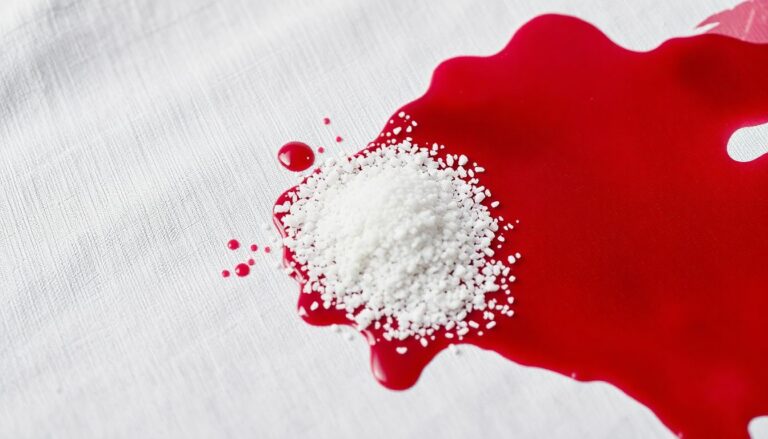 Red wine stain on white fabric with salt being applied showing the emergency stain treatment method