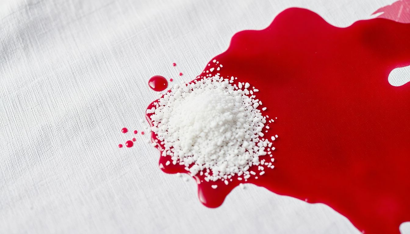Red wine stain on white fabric with salt being applied showing the emergency stain treatment method