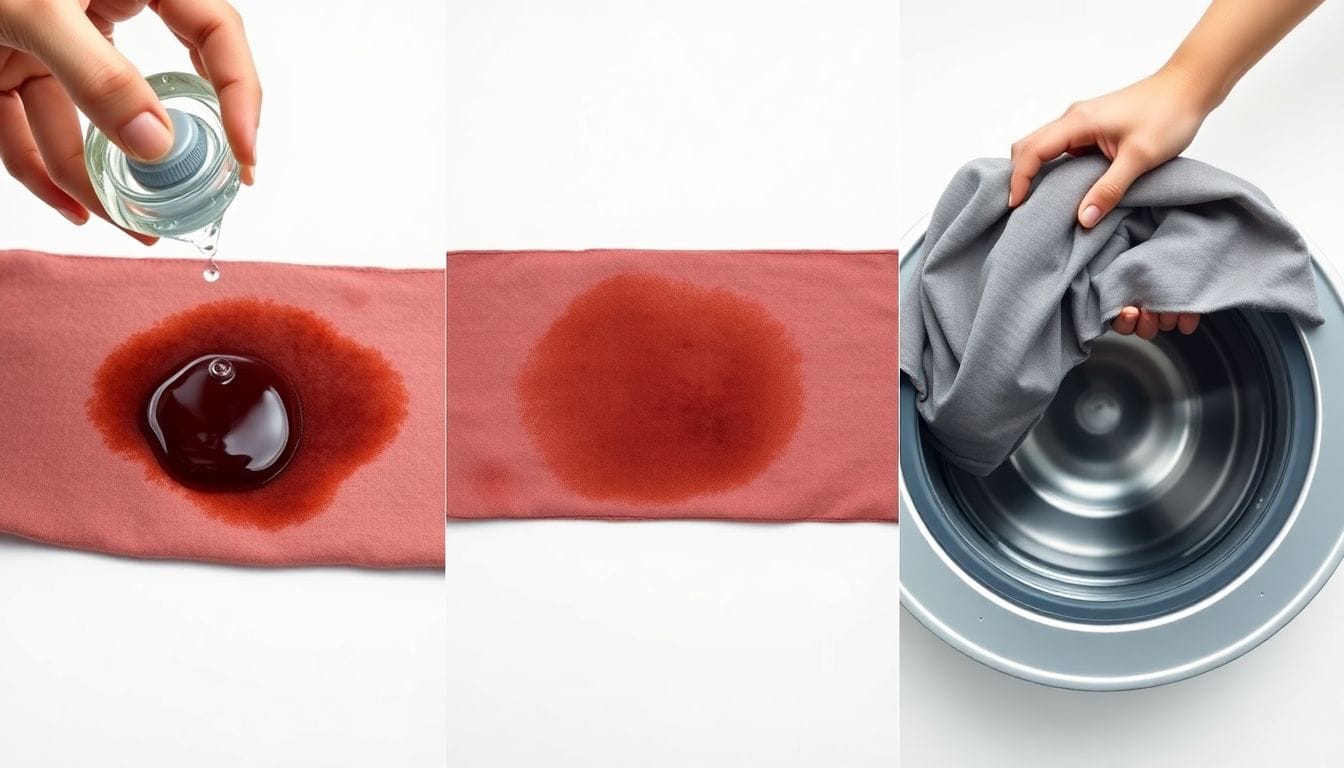 Three-step illustration for treating oil stain on polyester: dish soap application, dwell time, and warm machine wash