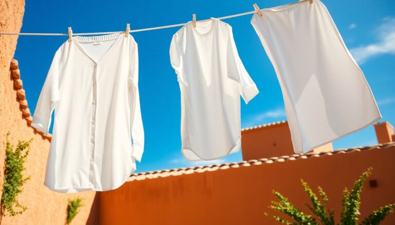White cotton shirts and linens drying in direct sunlight showing UV bleaching for white fabric stain removal