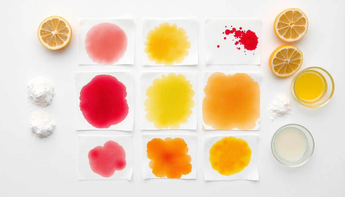 White clothes stain removal reference card showing treatment for 10 stain types with temperature and method