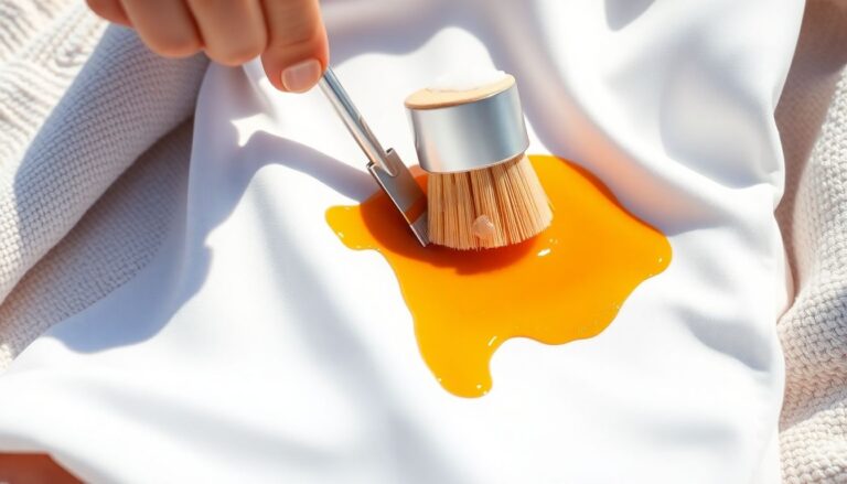 Orange sunscreen stain on white fabric being treated with dish soap showing correct removal method