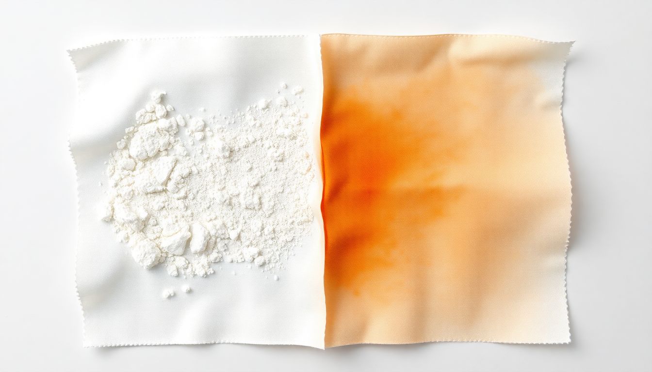 Side-by-side comparison of white mineral sunscreen stain and orange chemical sunscreen avobenzone stain on fabric