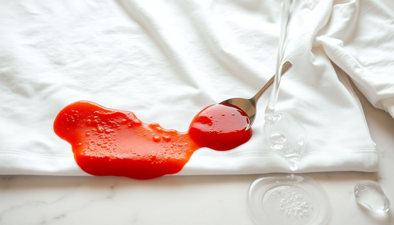 Tomato sauce stain being scraped off white shirt with spoon before cold water treatment