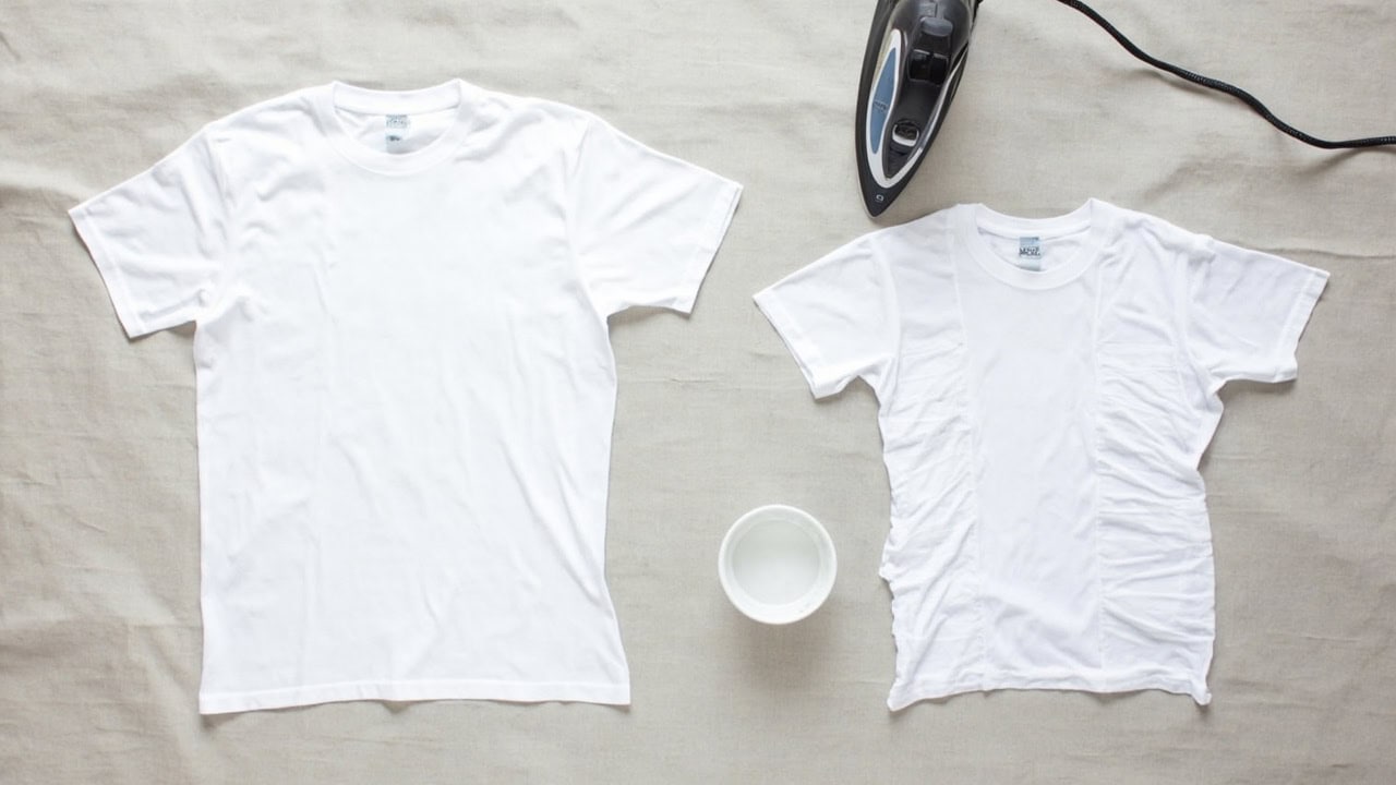 Step-by-step diagram showing how to use heat and iron to shrink a cotton t-shirt without sewing