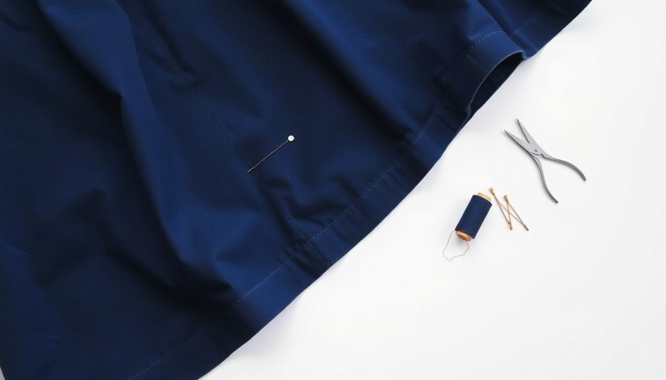 Neatly sewn hem on navy cotton skirt showing professional interior finish with hemming tools nearby