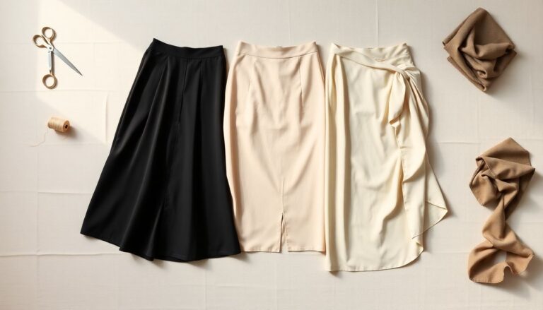 Three finished skirts in A-line, pencil, and wrap styles laid flat with sewing tools and fabric pieces