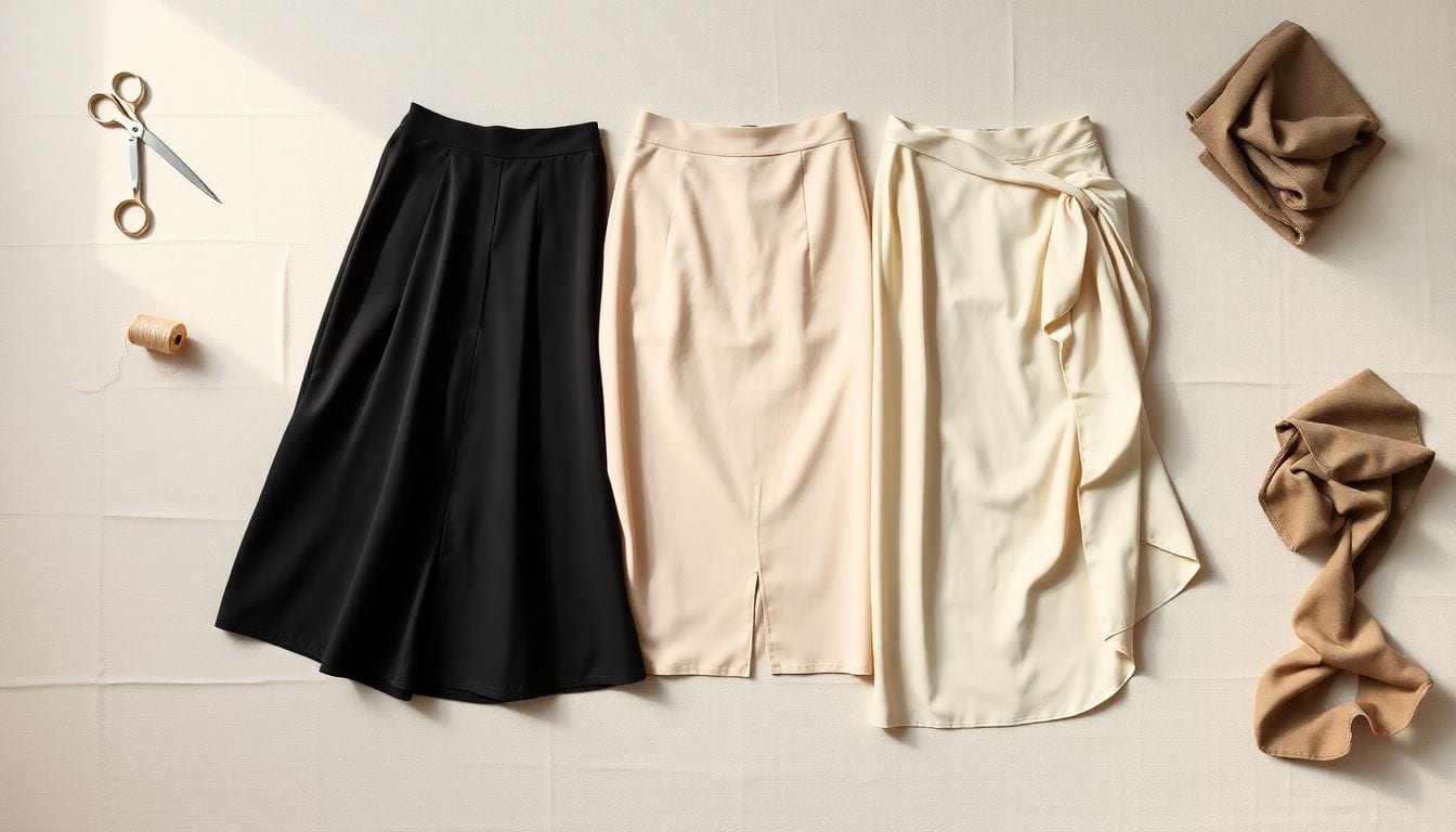 Three finished skirts in A-line, pencil, and wrap styles laid flat with sewing tools and fabric pieces