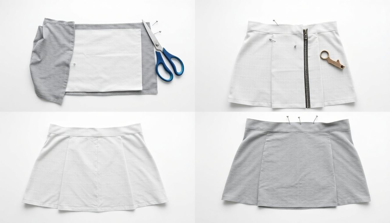 Step-by-step illustration showing pattern cutting, side seam sewing, zipper installation, and waistband attachment for A-line skirt construction