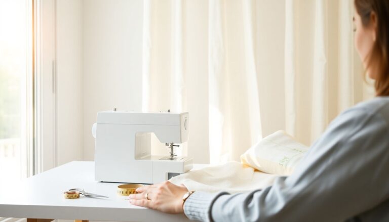 Beginner sewer feeding cream linen fabric through a sewing machine while making curtains at a bright craft workstation