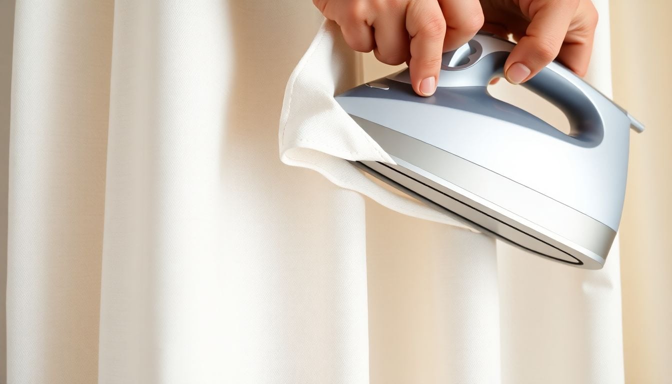 Close-up of hands pressing and pinning a double-fold side hem on cream curtain fabric before sewing