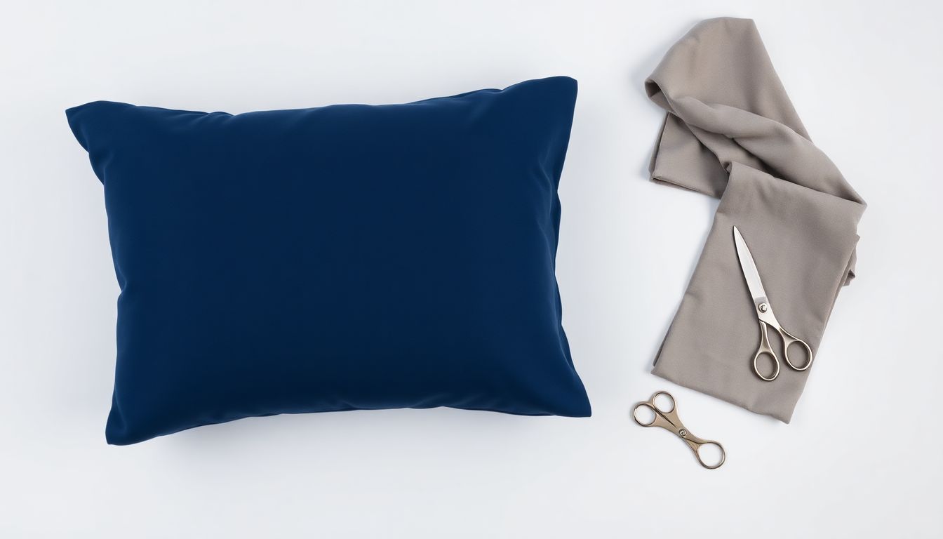 Completed navy cotton pillowcase with pattern pieces and scissors on white background showing beginner sewing project