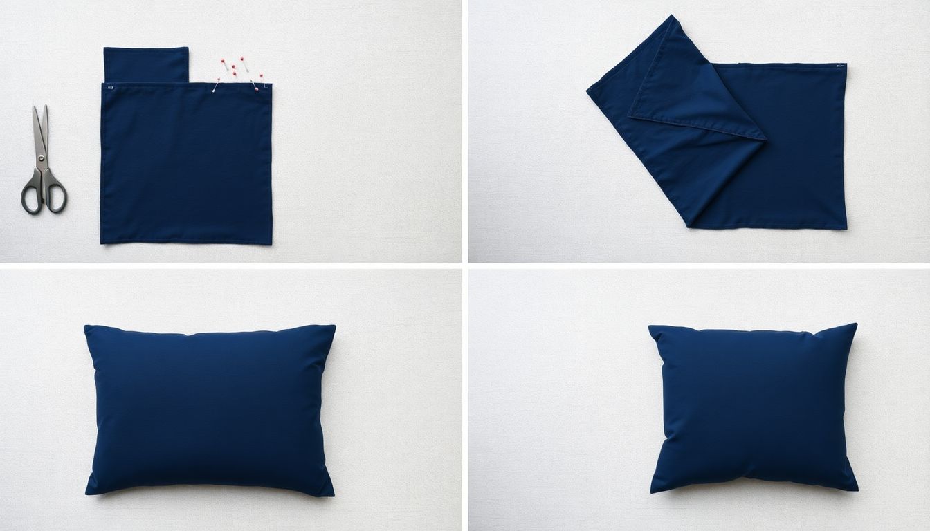 Four-step photo series showing pillowcase construction from cut fabric to finished French seam interior