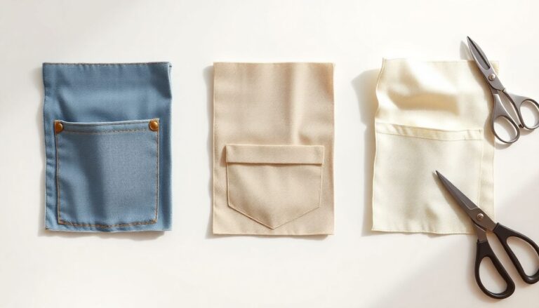 Three pocket types compared side by side showing patch pocket, welt pocket, and in-seam pocket construction on fabric swatches