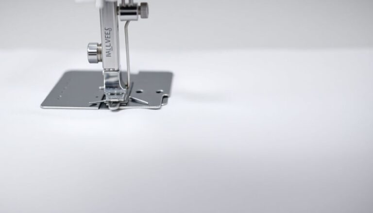 Sewing machine needle creating a perfect straight stitch on white cotton fabric with even stitch length
