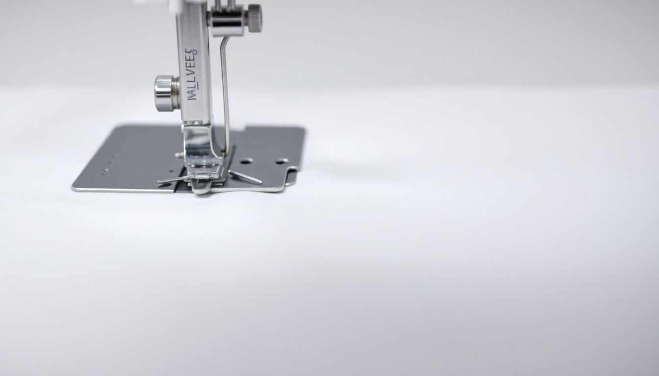 Sewing machine needle creating a perfect straight stitch on white cotton fabric with even stitch length