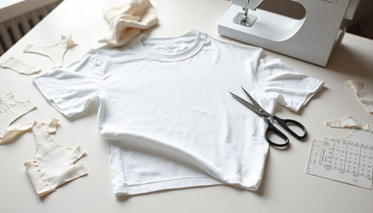 Freshly sewn white cotton t-shirt with multi-size paper pattern pieces and scissors on work surface alongside domestic sewing machine