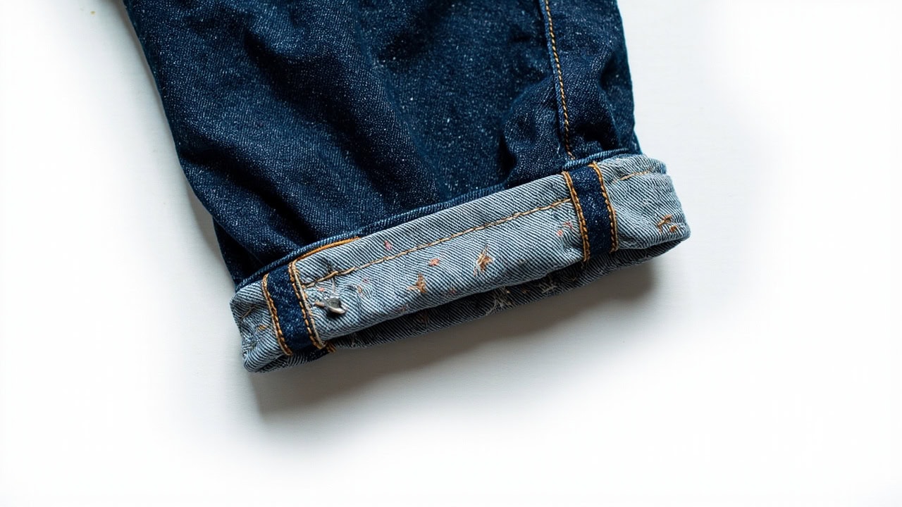 Dark blue denim jeans showing original hem folded up ready for shortening with pins in place