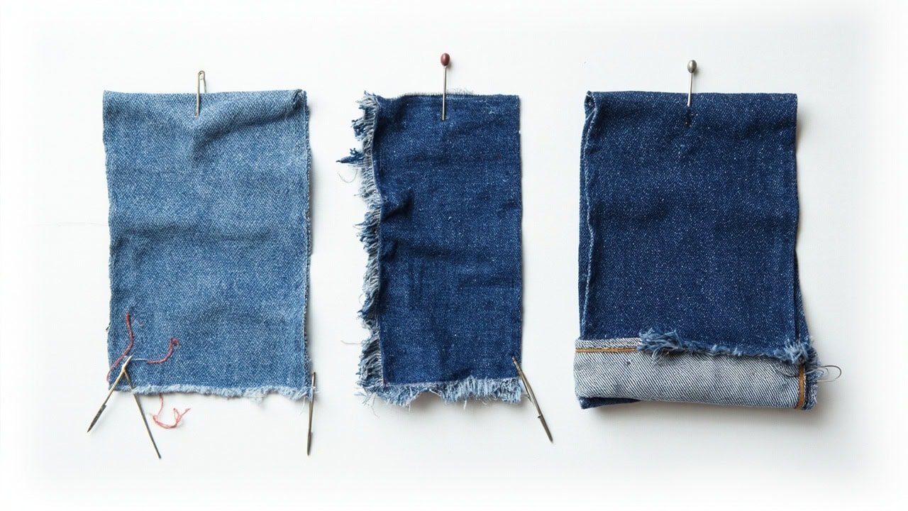Three-step illustration showing how to fold up the original hem after cutting jeans to new length