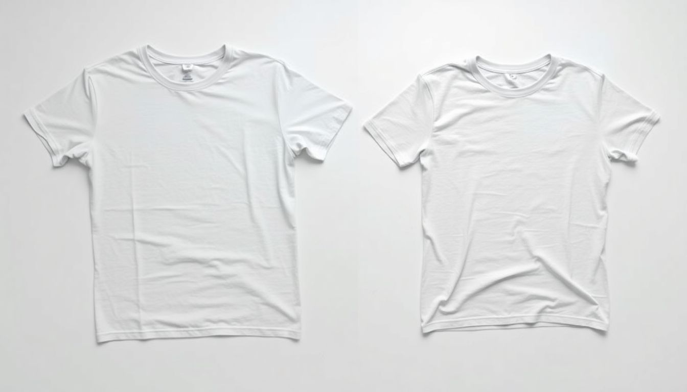 Before and after comparison of cotton T-shirt showing one-size shrinkage after hot washing and drying