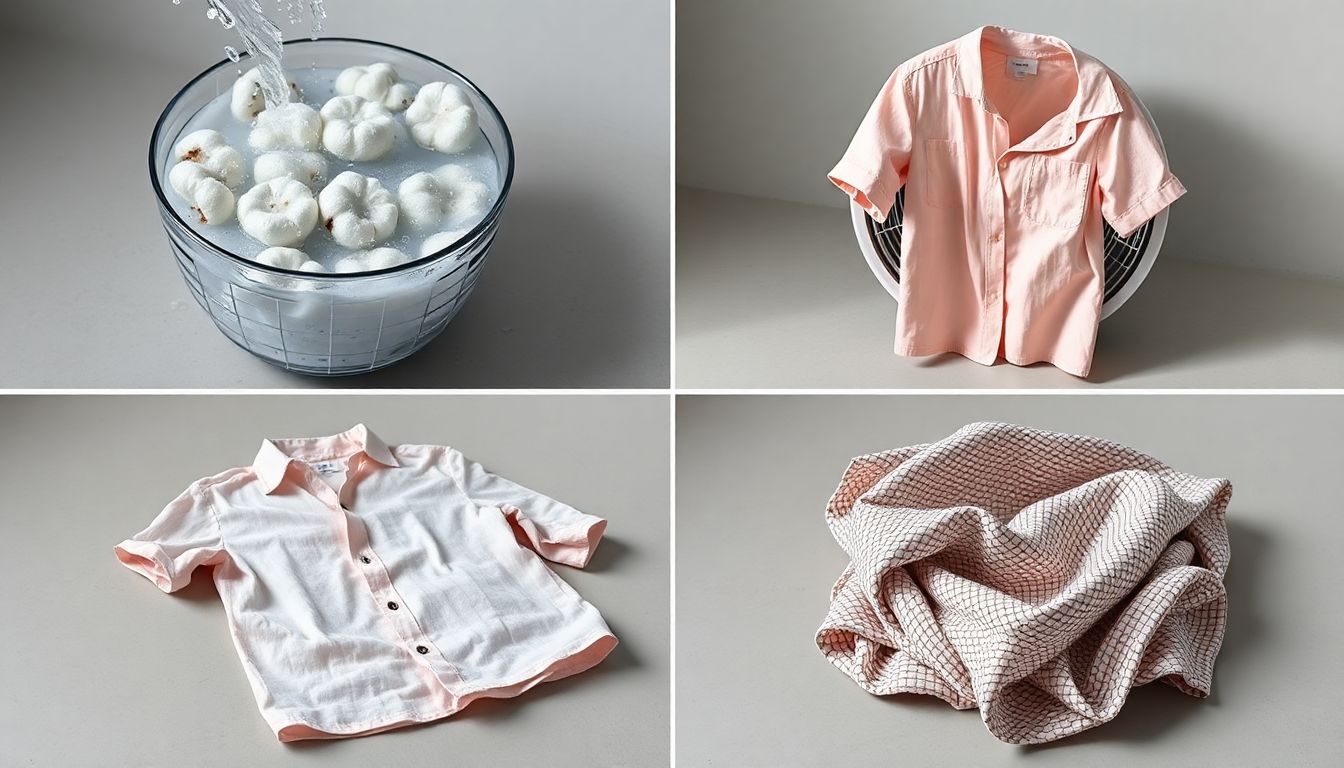 Step-by-step illustration showing hot washing machine and high-heat dryer method for cotton shirt shrinkage