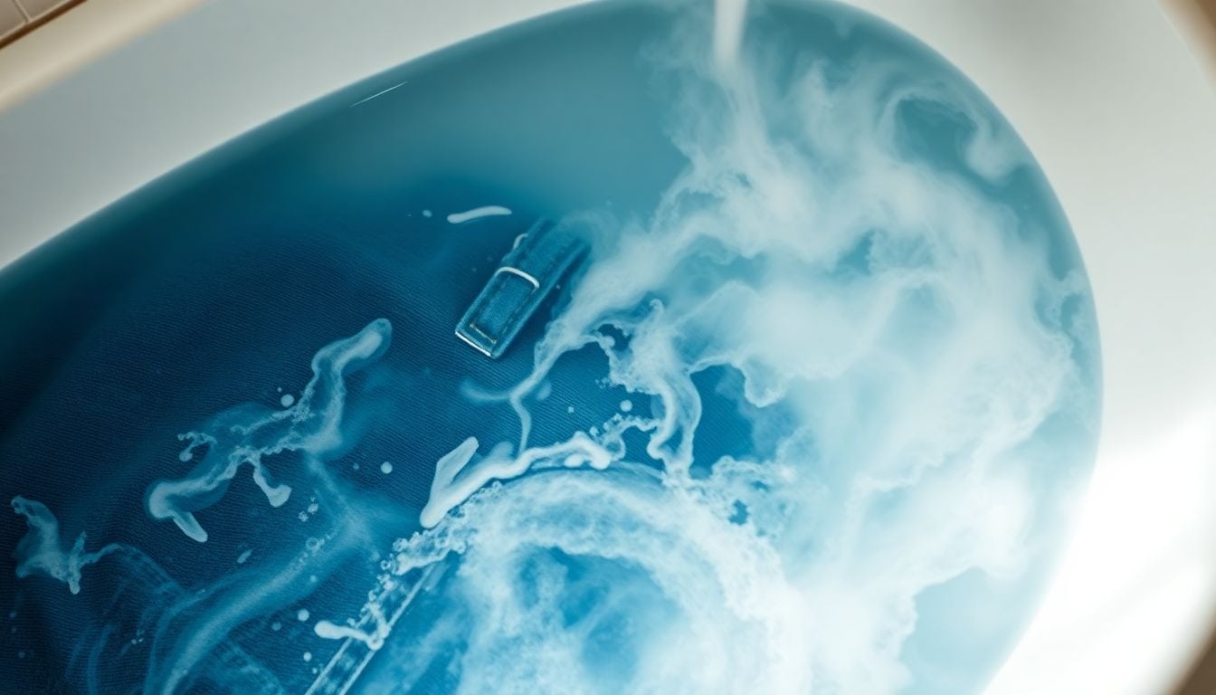 Illustration showing dark denim jeans fully submerged in hot water in a bathtub for shrinkage