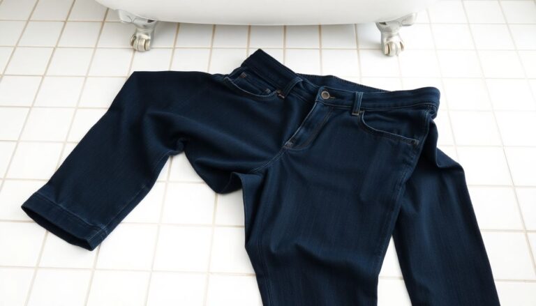Dark denim jeans laid out near bathtub showing setup for bathtub soaking method to shrink jeans