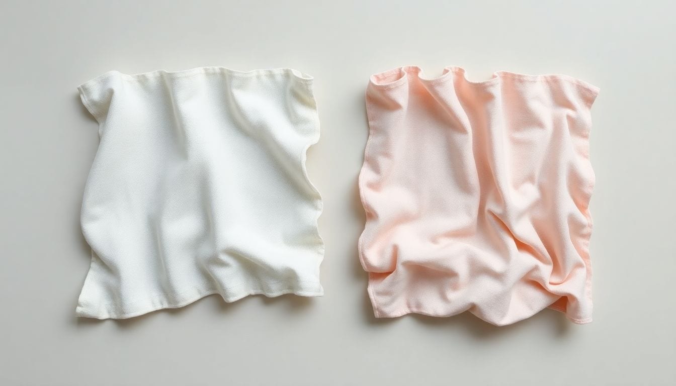Diagram comparing controlled cotton fiber shrinkage versus irregular polyester distortion at heat threshold