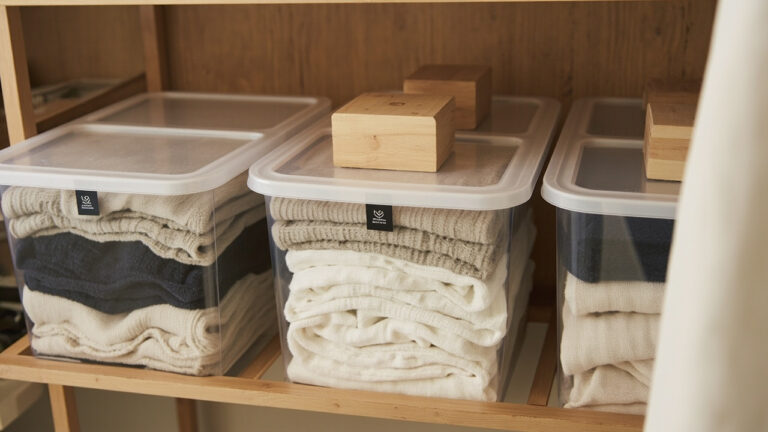 Organized shelf with seasonal clothes stored in clear containers with cedar blocks for long-term clothing storage