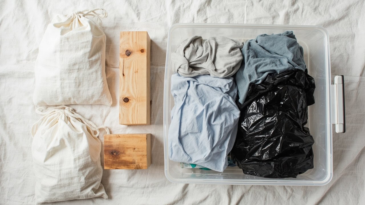 Comparison diagram showing correct and incorrect long-term clothing storage containers for different fabric types