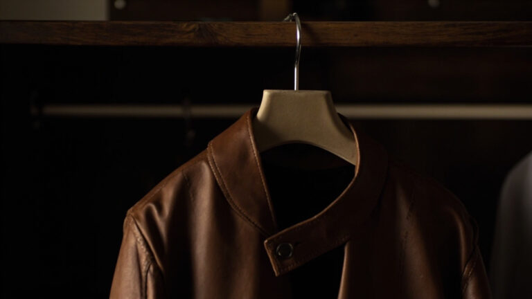Premium leather jacket hanging on a broad padded hanger in a dark closet with optimal storage conditions visible