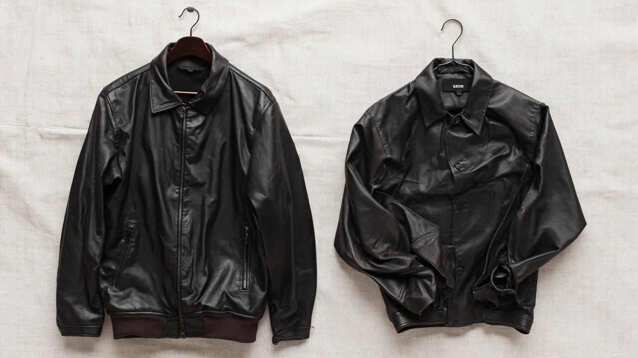 Side-by-side comparison diagram showing correct leather jacket storage on padded hanger versus incorrect folding and wire hanger storage methods with damage labels