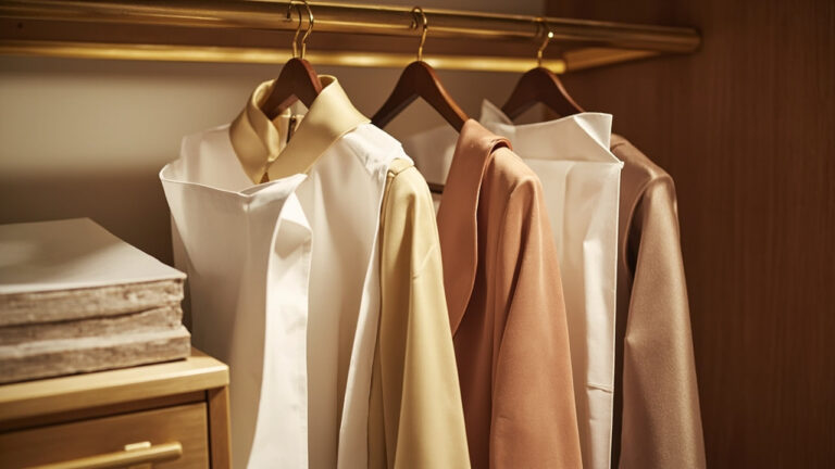 Silk clothes stored in breathable cotton garment bags with acid-free tissue paper in an organized luxury closet