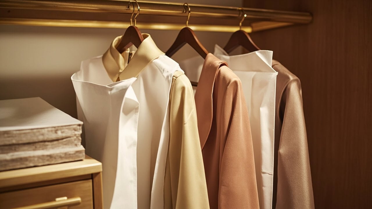 Silk clothes stored in breathable cotton garment bags with acid-free tissue paper in an organized luxury closet