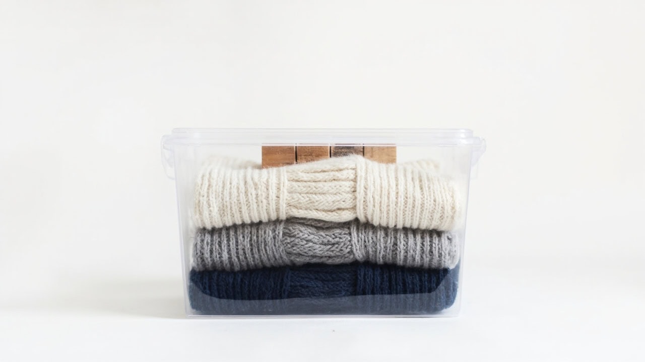 Folded wool sweaters stored in airtight container with cedar blocks for moth prevention