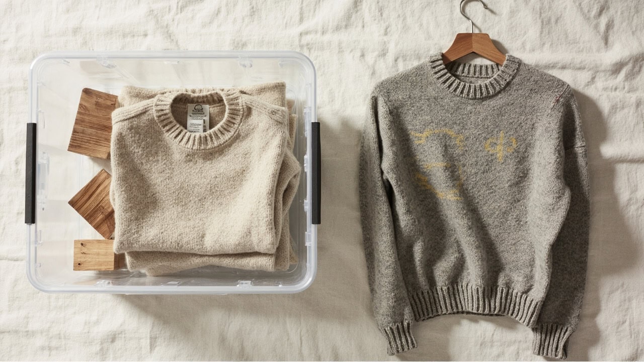 Comparison diagram showing correct folded wool sweater storage versus incorrect hanging method that causes stretching
