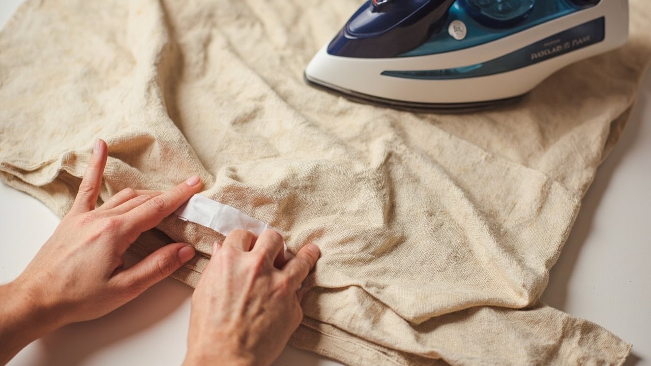 Close-up of hands applying heat-activated fabric tape to fold a dress seam inward for alteration