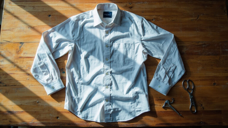 Men's button-down shirt marked with chalk lines at side seams showing where it will be taken in for alteration