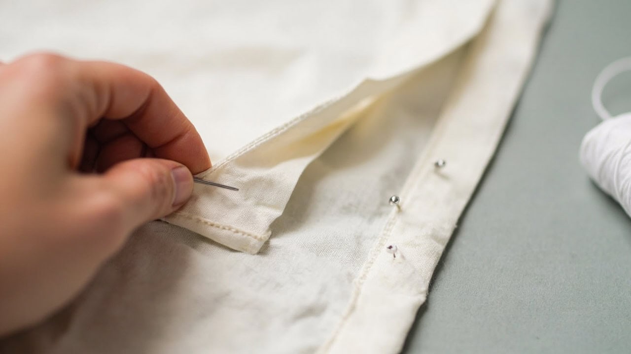 Close-up of fabric being pinned showing the new seam line marked with chalk for taking in a shirt