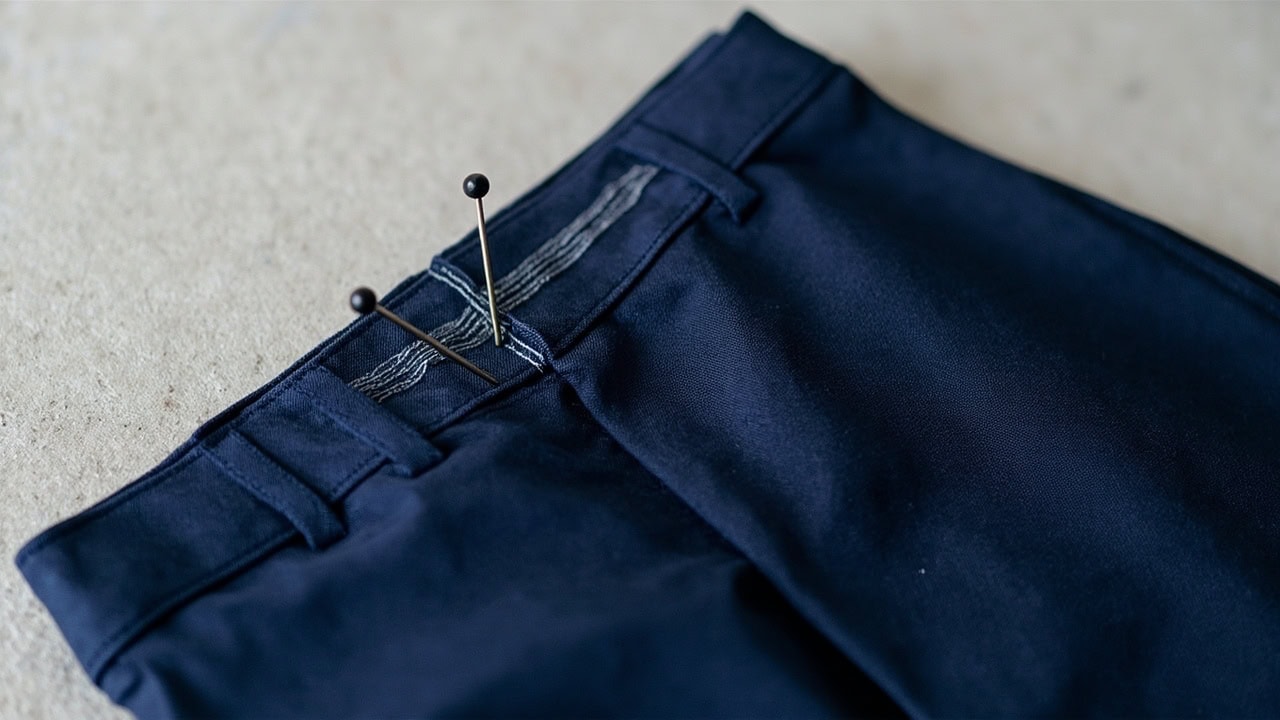 Sewing diagram showing dart placement at the back waistband of trousers with measurement marks for taking in the waist