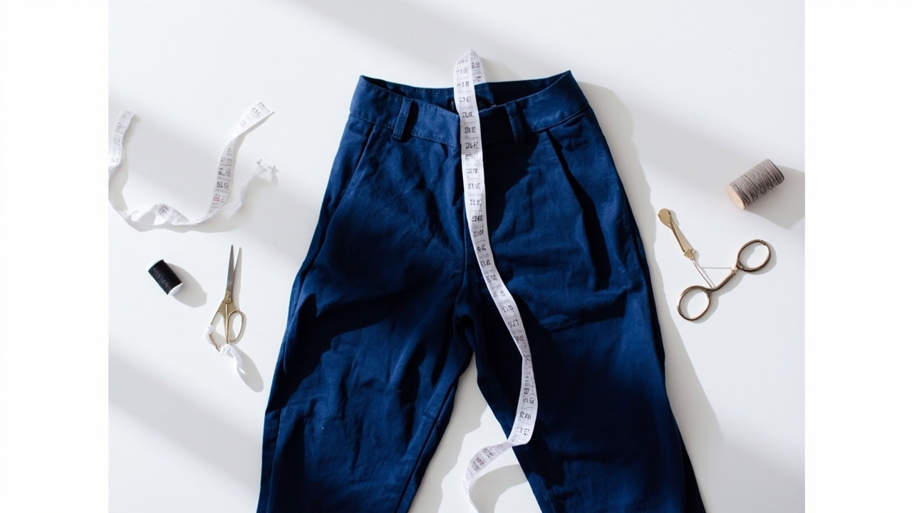 Navy blue trousers with waist measurement tools including measuring tape, needle, thread, and elastic band on a clean flat surface
