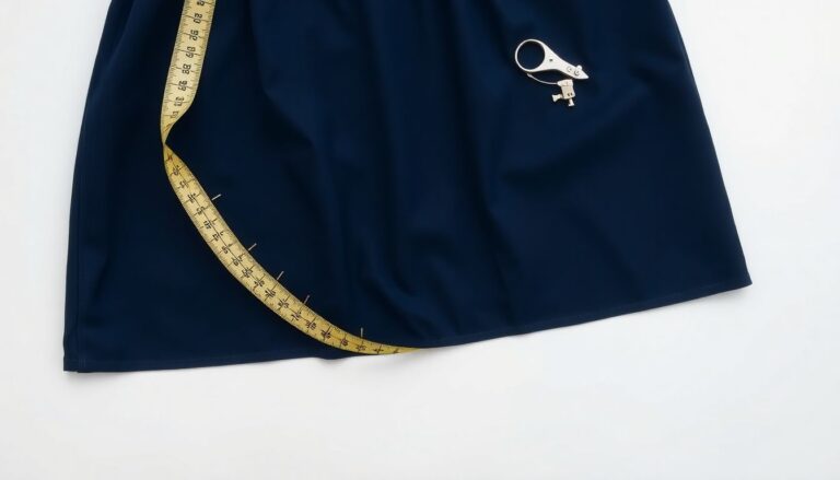 Navy A-line skirt on white surface with measuring tape at hemline showing how to mark length for taking up