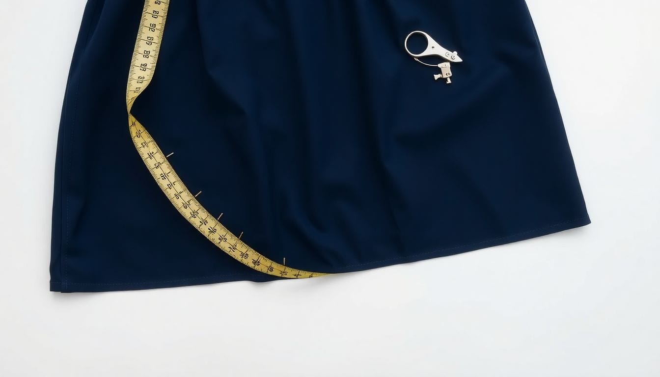 Navy A-line skirt on white surface with measuring tape at hemline showing how to mark length for taking up