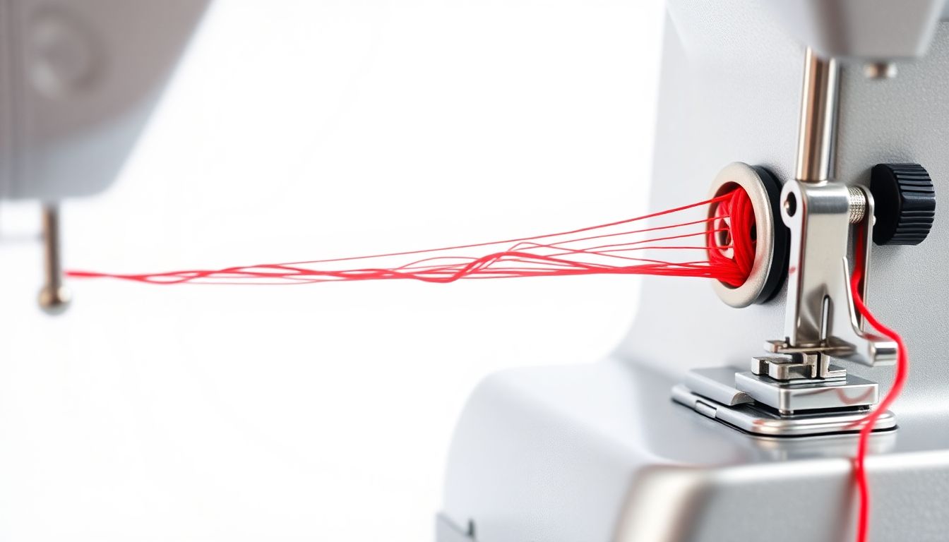 Educational diagram showing numbered sewing machine threading path from spool through tension discs to needle eye